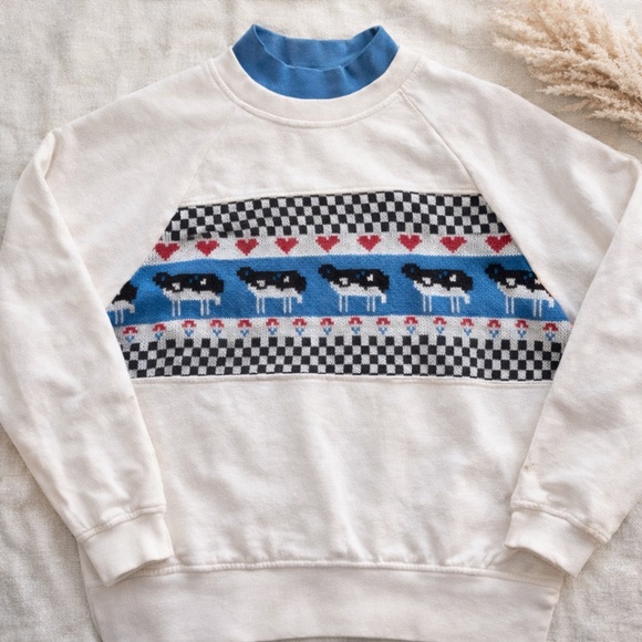 Vintage America Tops - Vintage Steppingstones Sweater Sweatshirt Cow Print Fair Isle Cottagecore Large